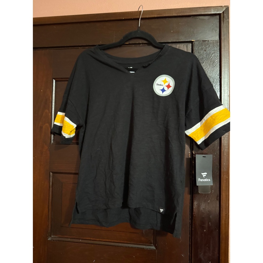 Fanatics Pittsburgh Steelers NFL T-Shirt Black Slub V-Neck Varsity Stripe Small - Picture 2 of 7